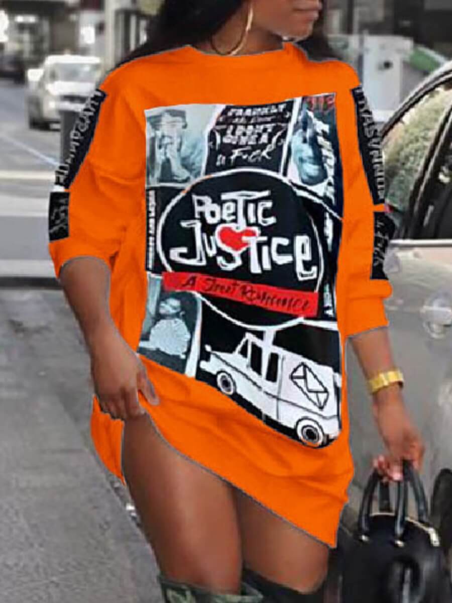 

Lovely Street O Neck Print Orange Knee Length Dress