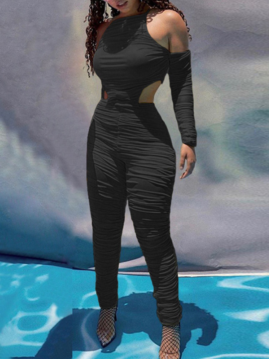 

lovely Sexy Fold Design Hollow-out Black One-piece Jumpsuit