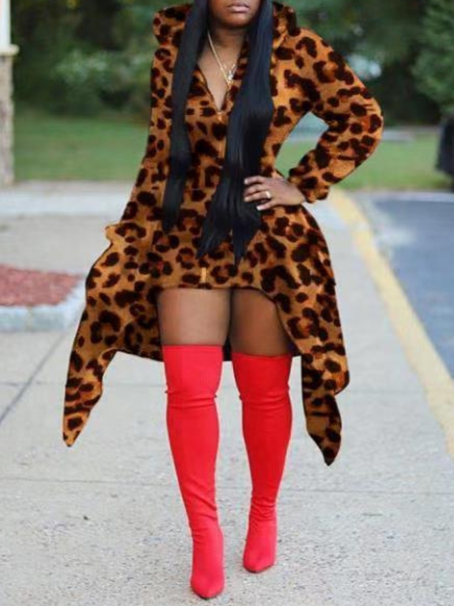 

lovely Casual Hooded Collar Leopard Print Asymmetrical Long Coat