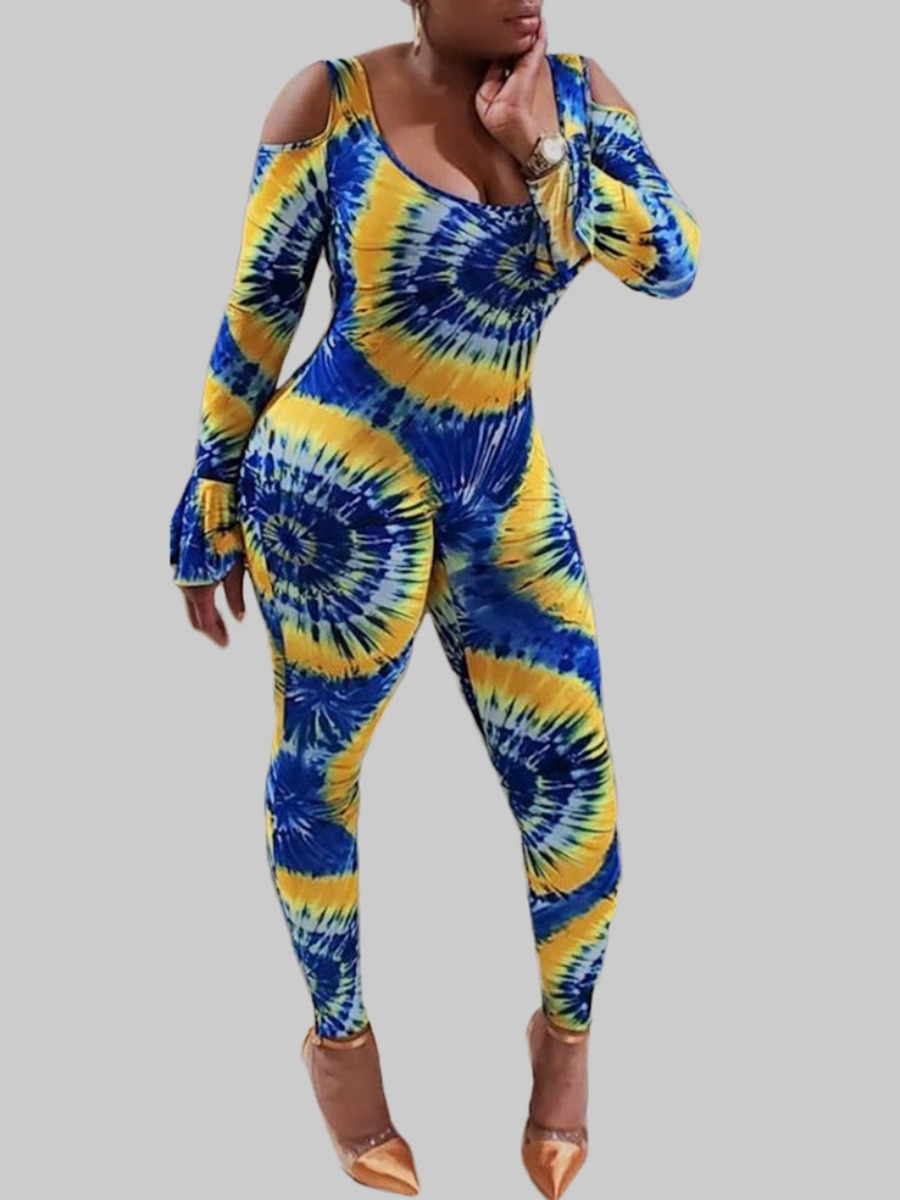 

lovely Trendy Tie-dye Hollow-out Blue One-piece Jumpsuit
