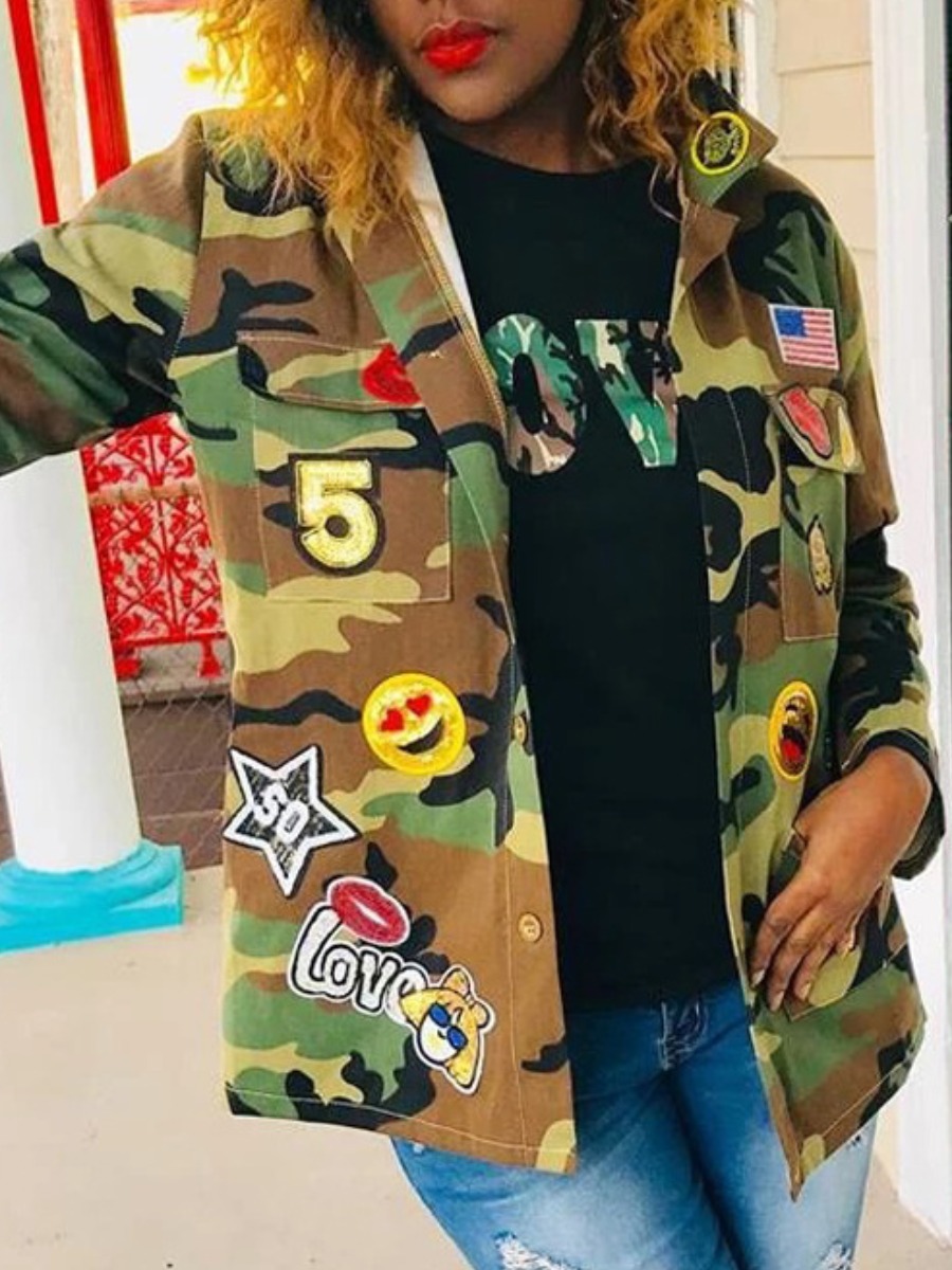 

lovely Stylish Turndown Collar Camo Print Coat