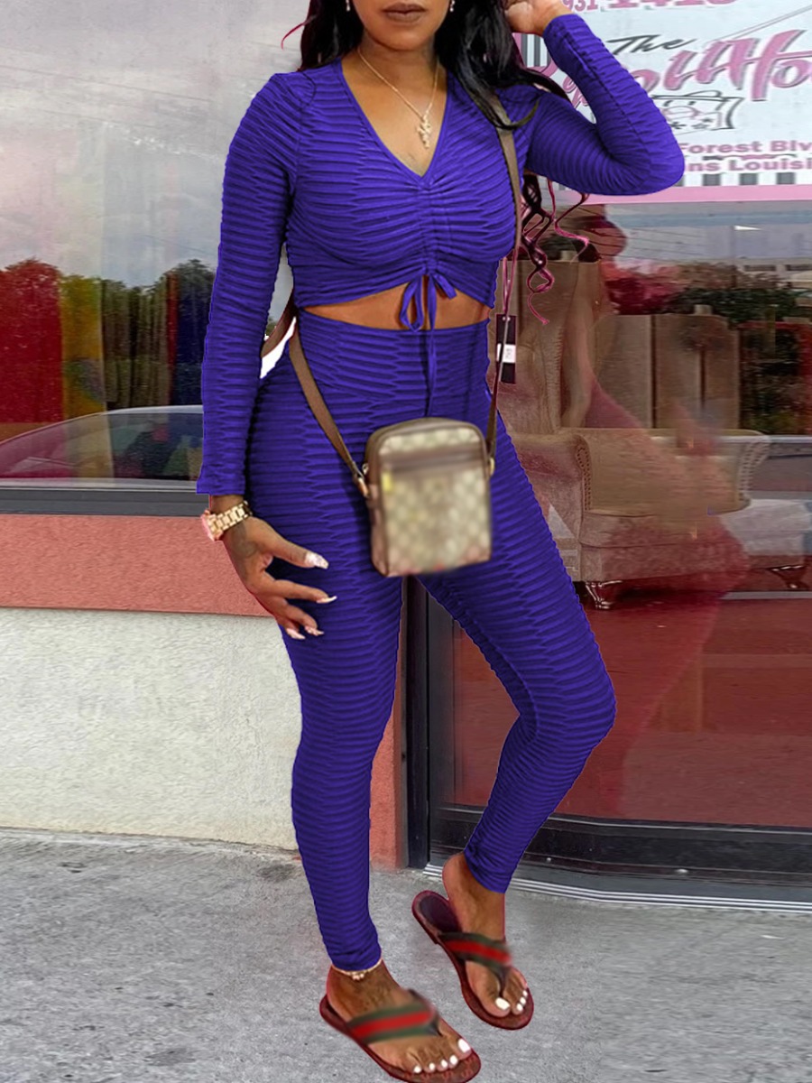 

lovely Trendy V Neck Fold Design Purple Two Piece Pants Set