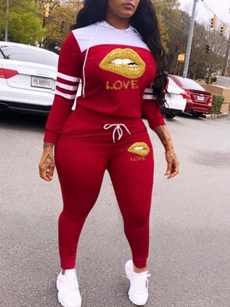 

lovely Casual Hooded Collar Lip Print Red Plus Size Two-piece Pants Set
