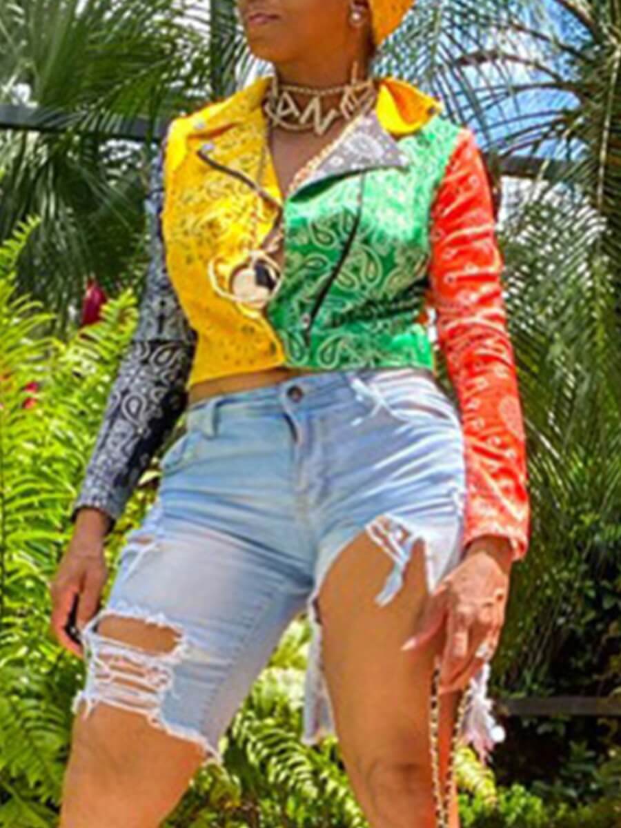 

Lovely Stylish Turndown Collar Print Patchwork Yellow Plus Size Jacket