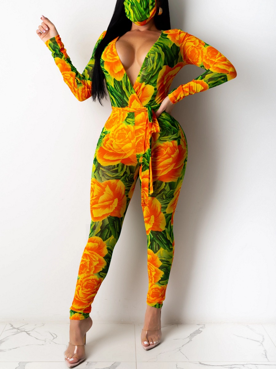 

lovely Stylish V Neck Print Yellow One-piece Jumpsuit