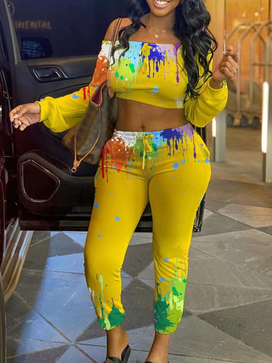 

lovely Trendy Dew Shoulder Graffiti Print Yellow Two Piece Pants Set