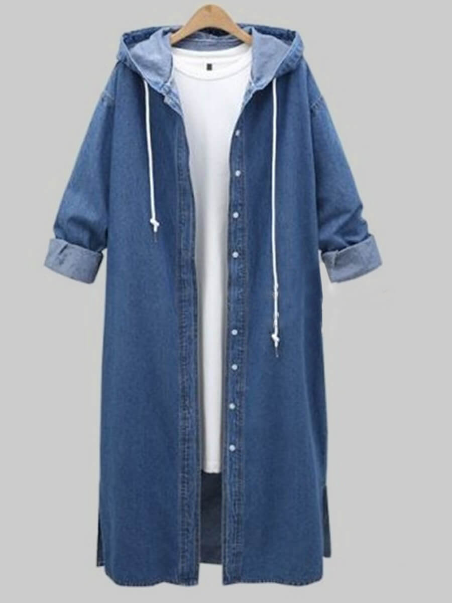 

Lovely Plus Size Trendy Hooded Collar Buttons Design Deep Blue Long Denim Jacket