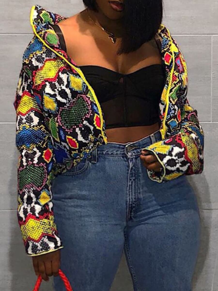 

Lovely Trendy Zipper Design Print Multicolor Plus Size Coat, Multi