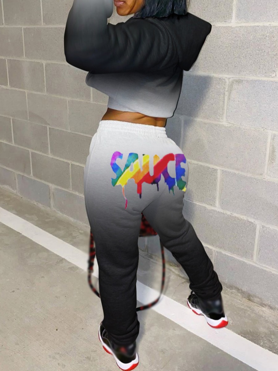

lovely Sportswear Hooded Collar Letter Print Black Two Piece Pants Set