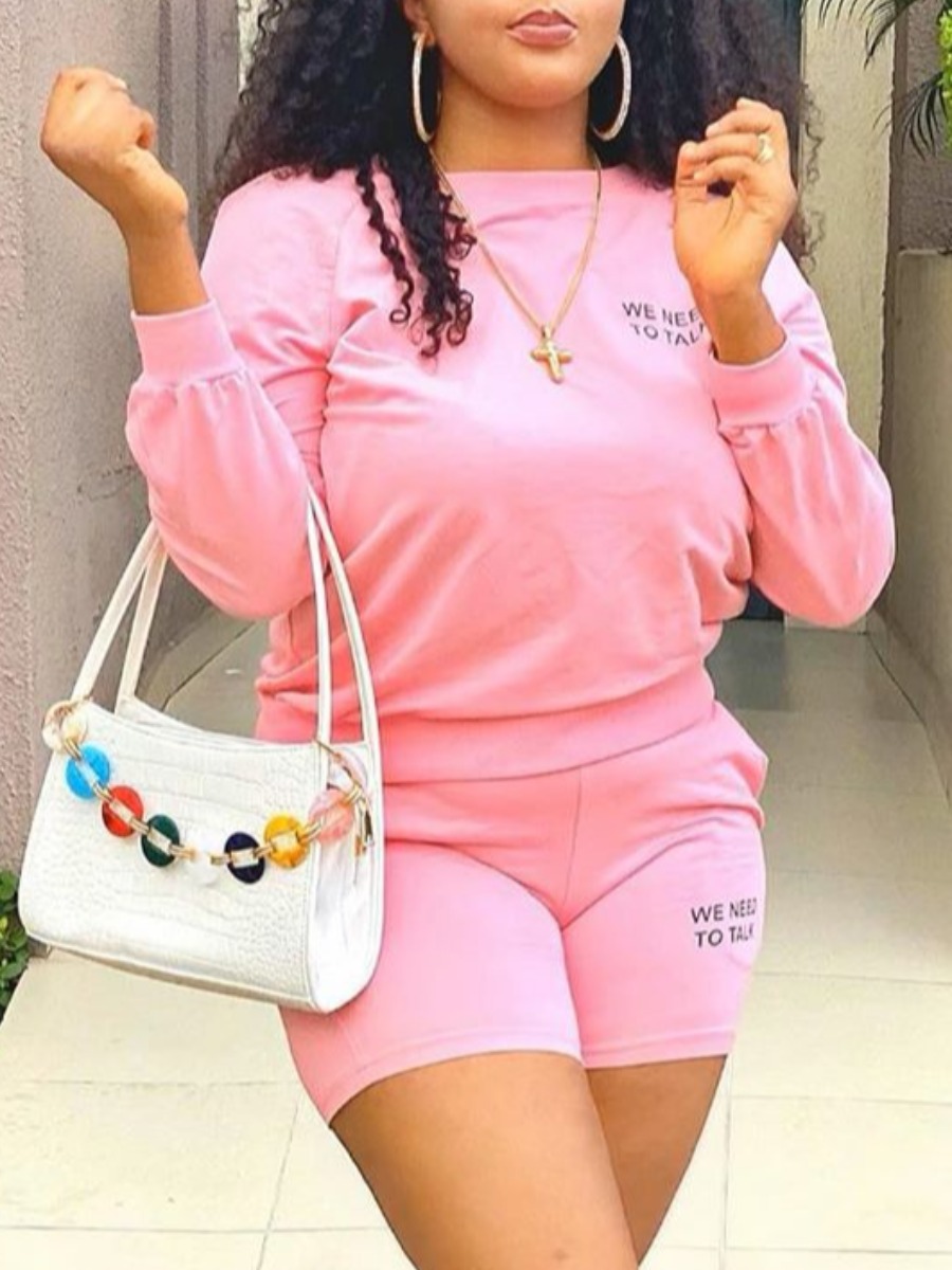 

lovely Leisure O Neck Letter Print Pink Two Piece Shorts Set