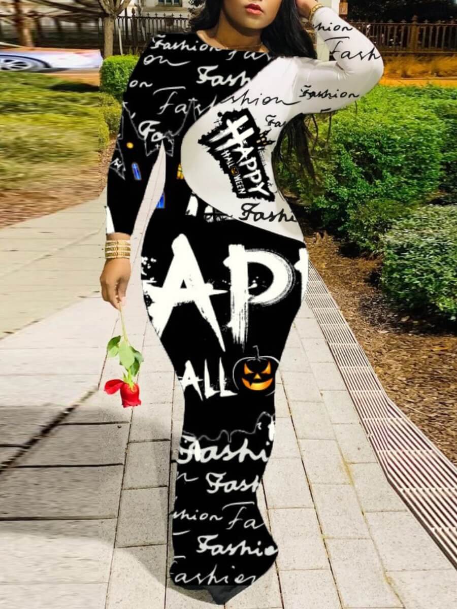 

Lovely Street O Neck Letter Print Patchwork Black Maxi Dress