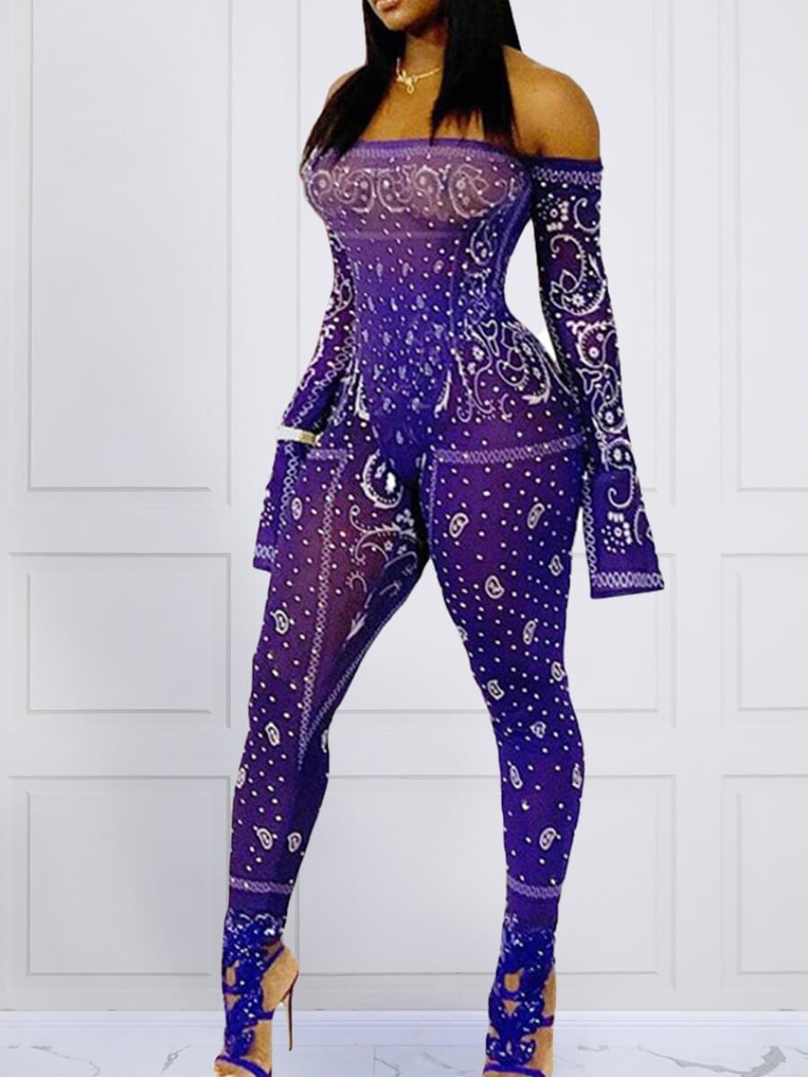 

lovely Trendy Dew Shoulder Print See-through Purple One-piece Jumpsuit