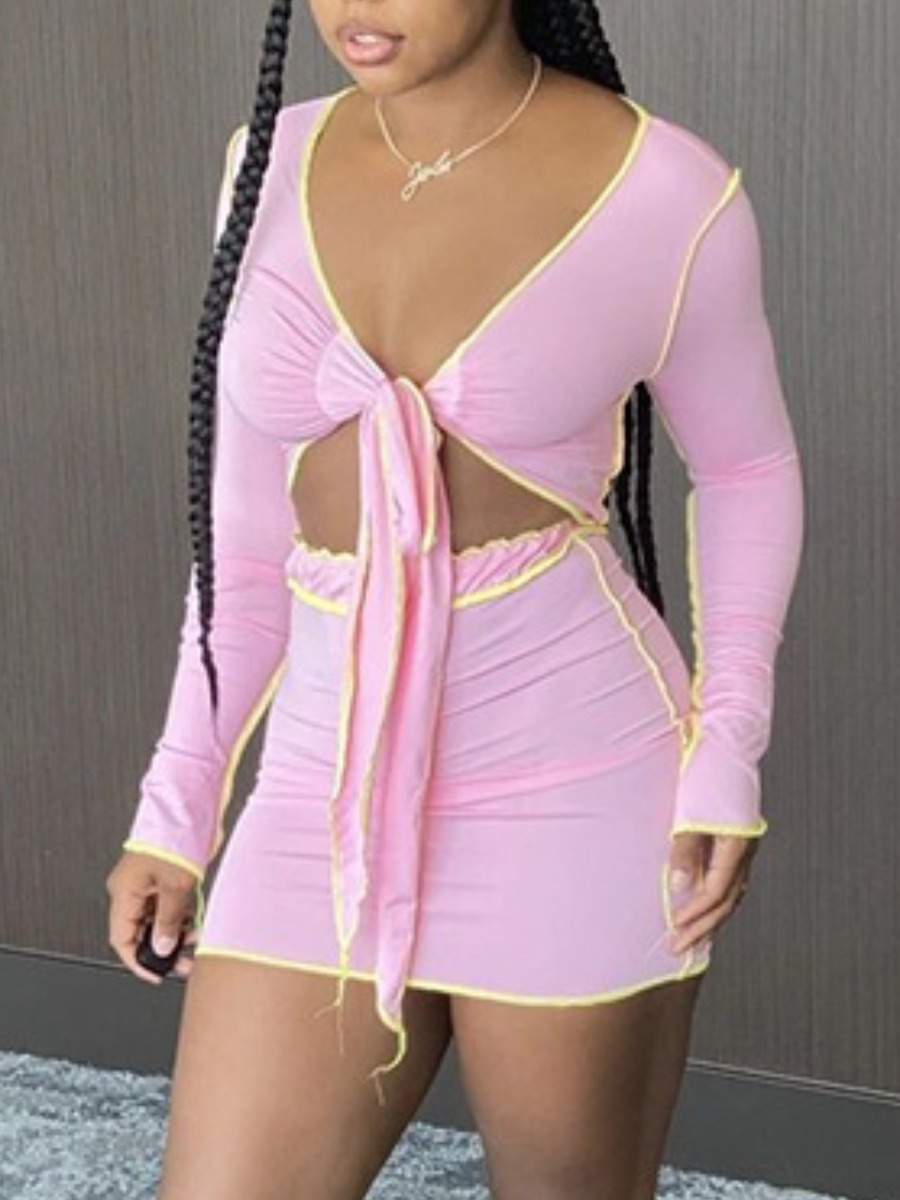

Lovely Casual V Neck Patchwork Pink Two Piece Skirt Set