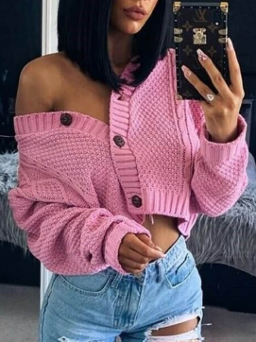 

Lovely Trendy Buttons Design Pink Cardigan
