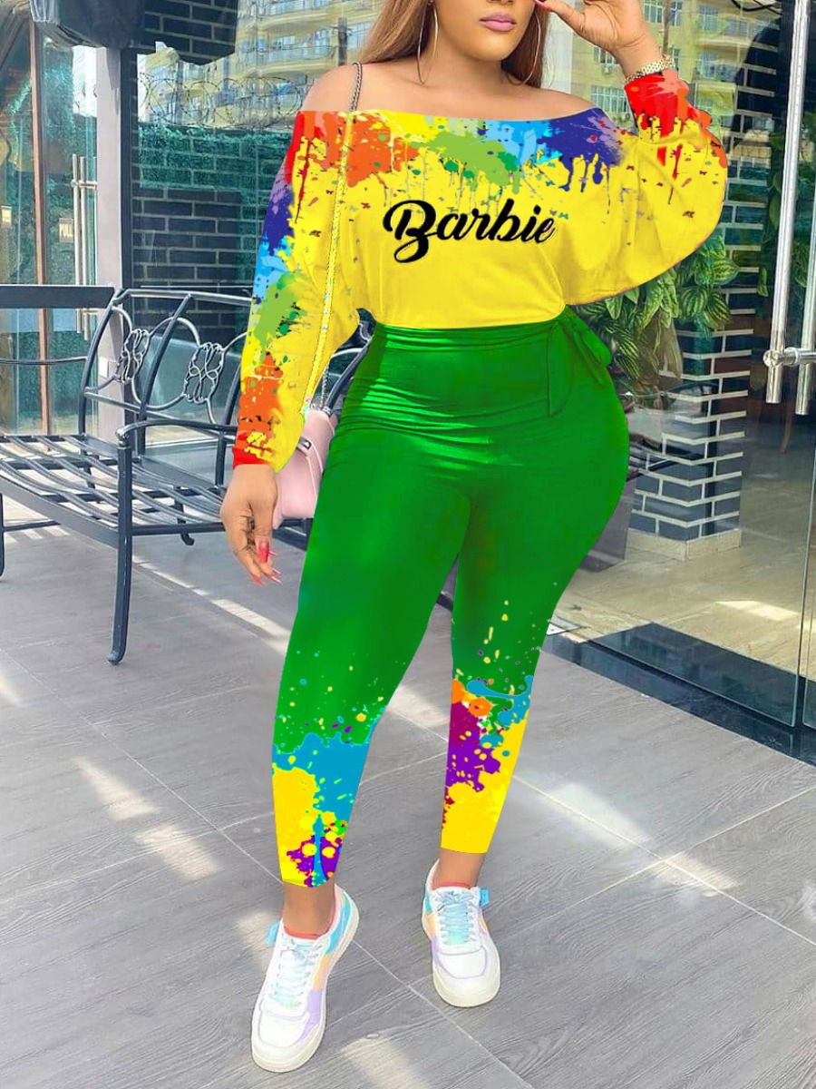 

Lovely Street Graffiti Print Yellow Two Piece Pants Set