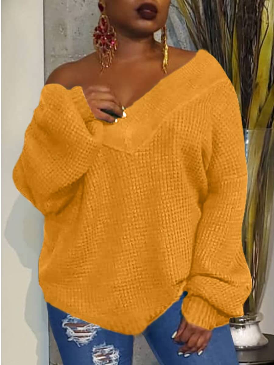

LW Chic V Neck Loose Yellow Sweater