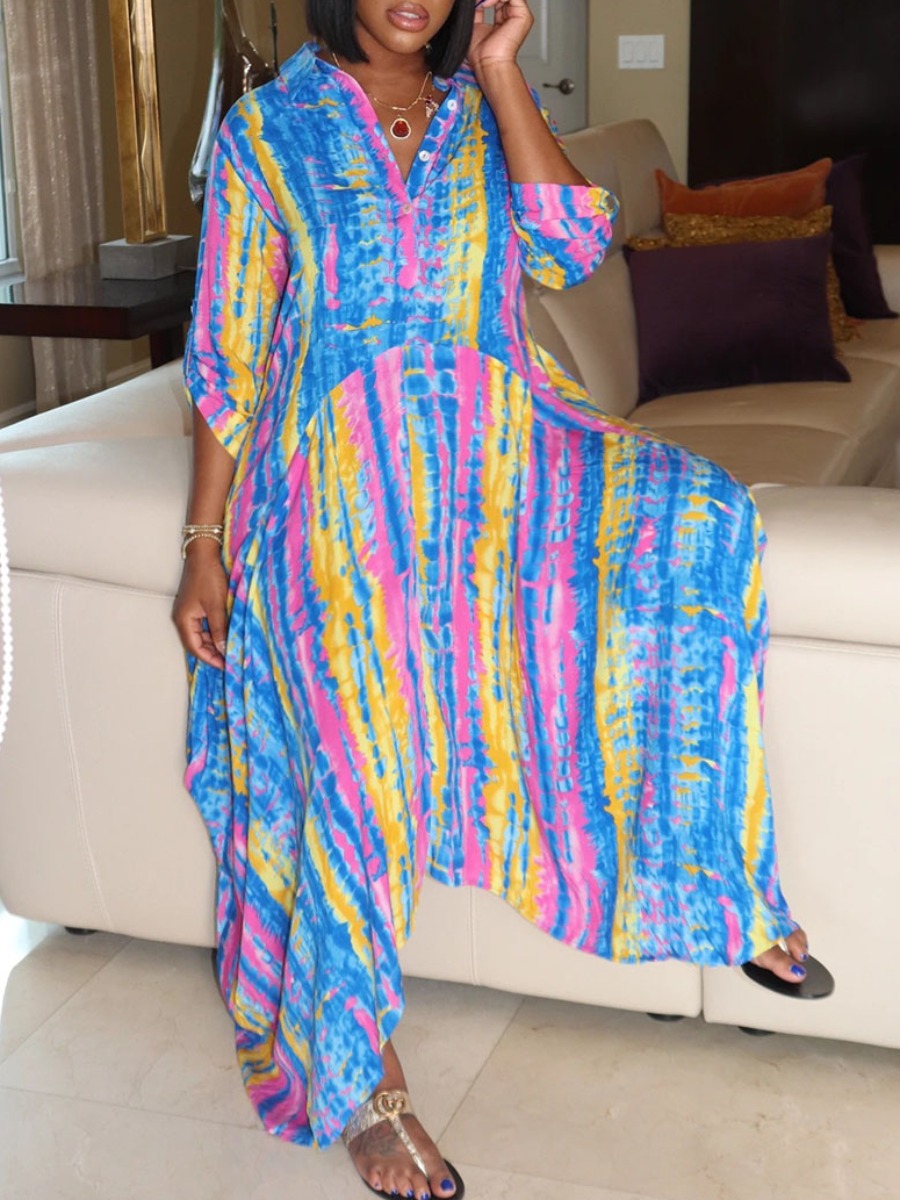 

lovely Trendy V Neck Tie-dye Asymmetrical Blue Ankle Length Plus Size Dress