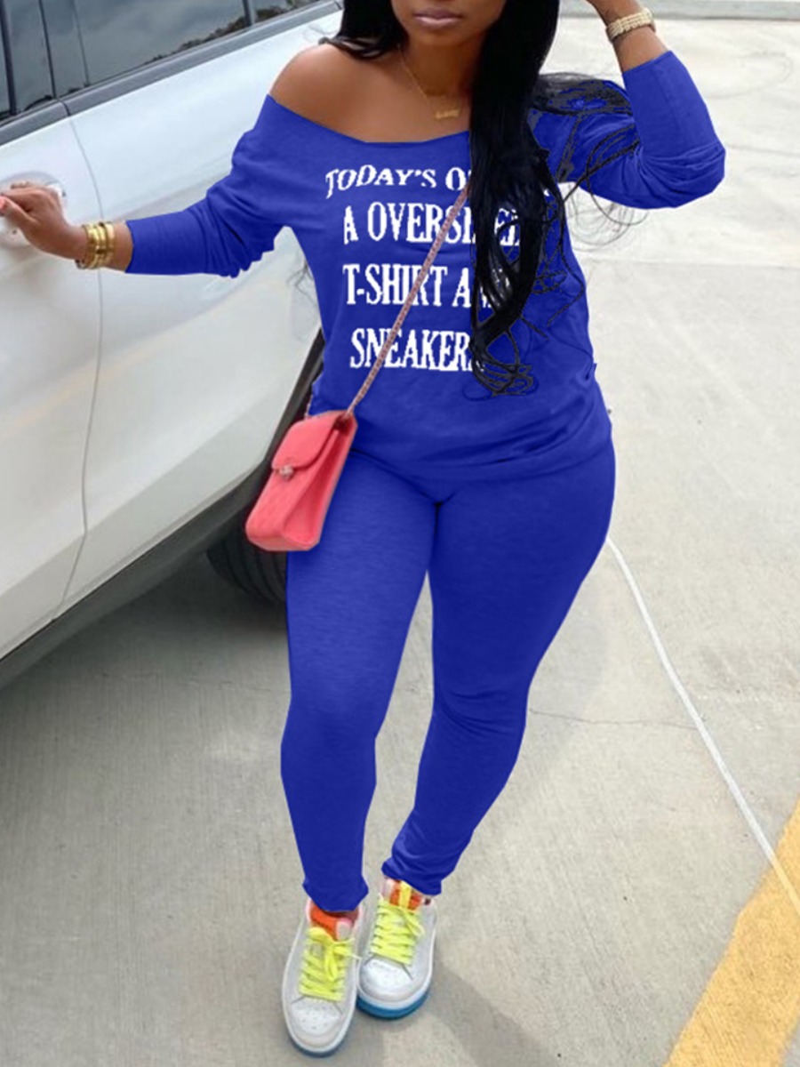 

lovely Casual Letter Print Blue Plus Size Two-piece Pants Set