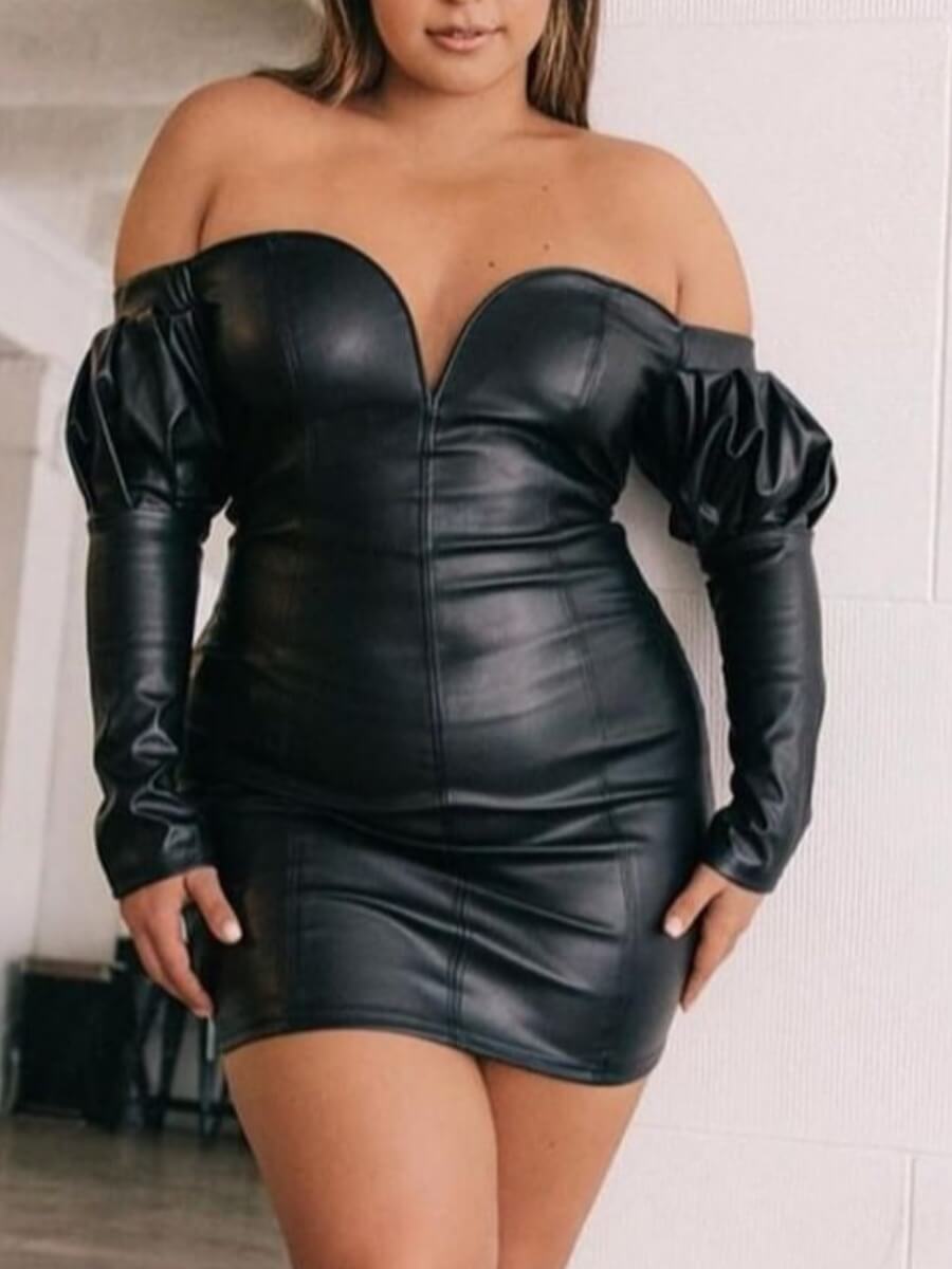 

Lovely Trendy Dew Shoulder Skinny Black Mini Plus Size Dress