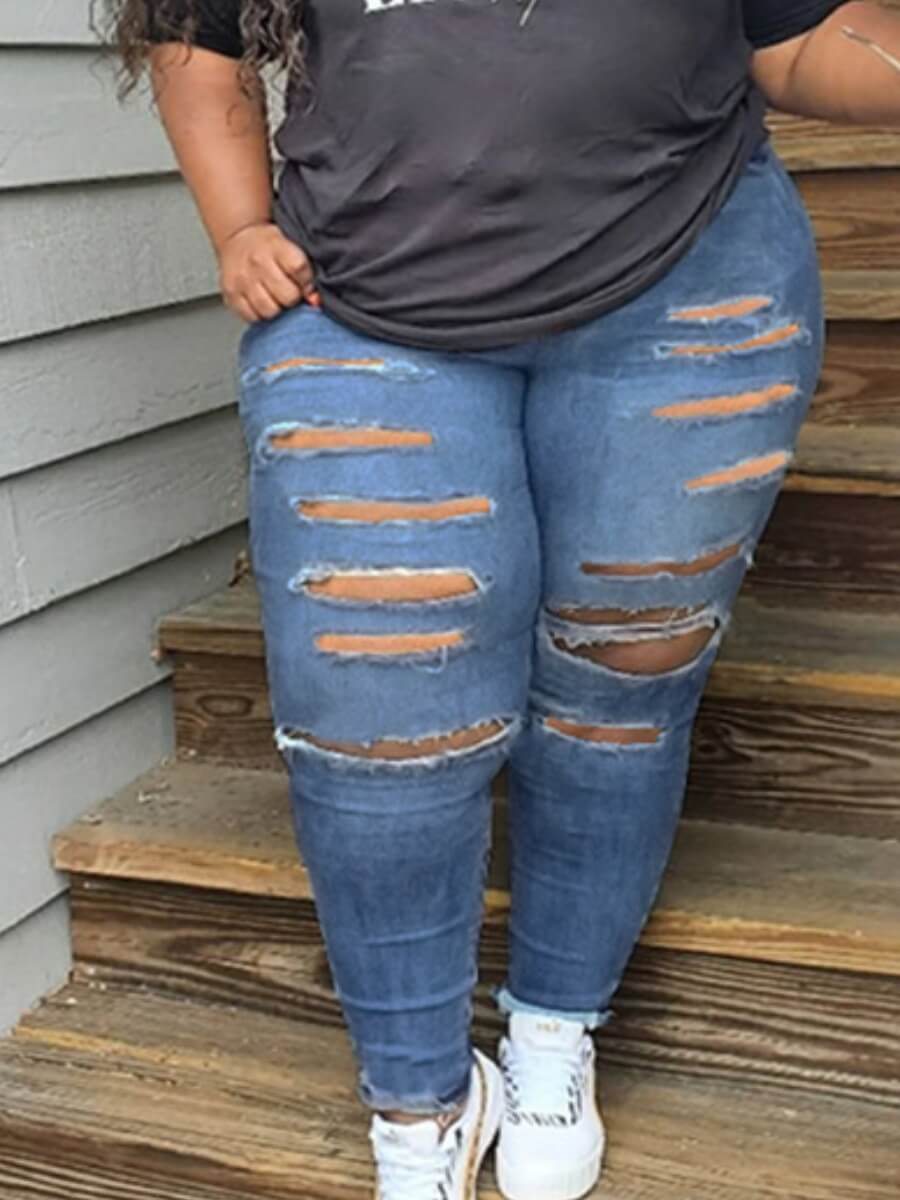 

Lovely Stylish Broken Holes Blue Plus Size Jeans