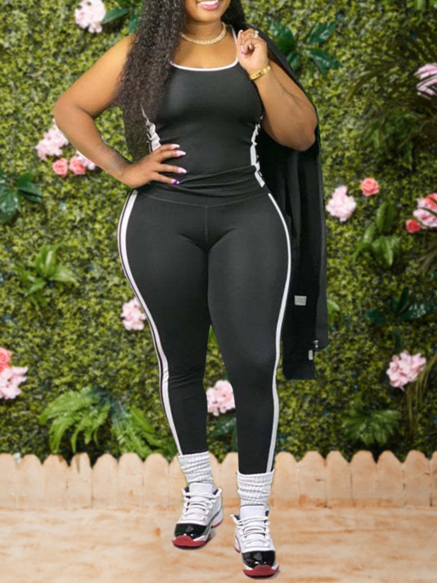 

lovely Sportswear Patchwork Black Plus Size Two-piece Pants Set