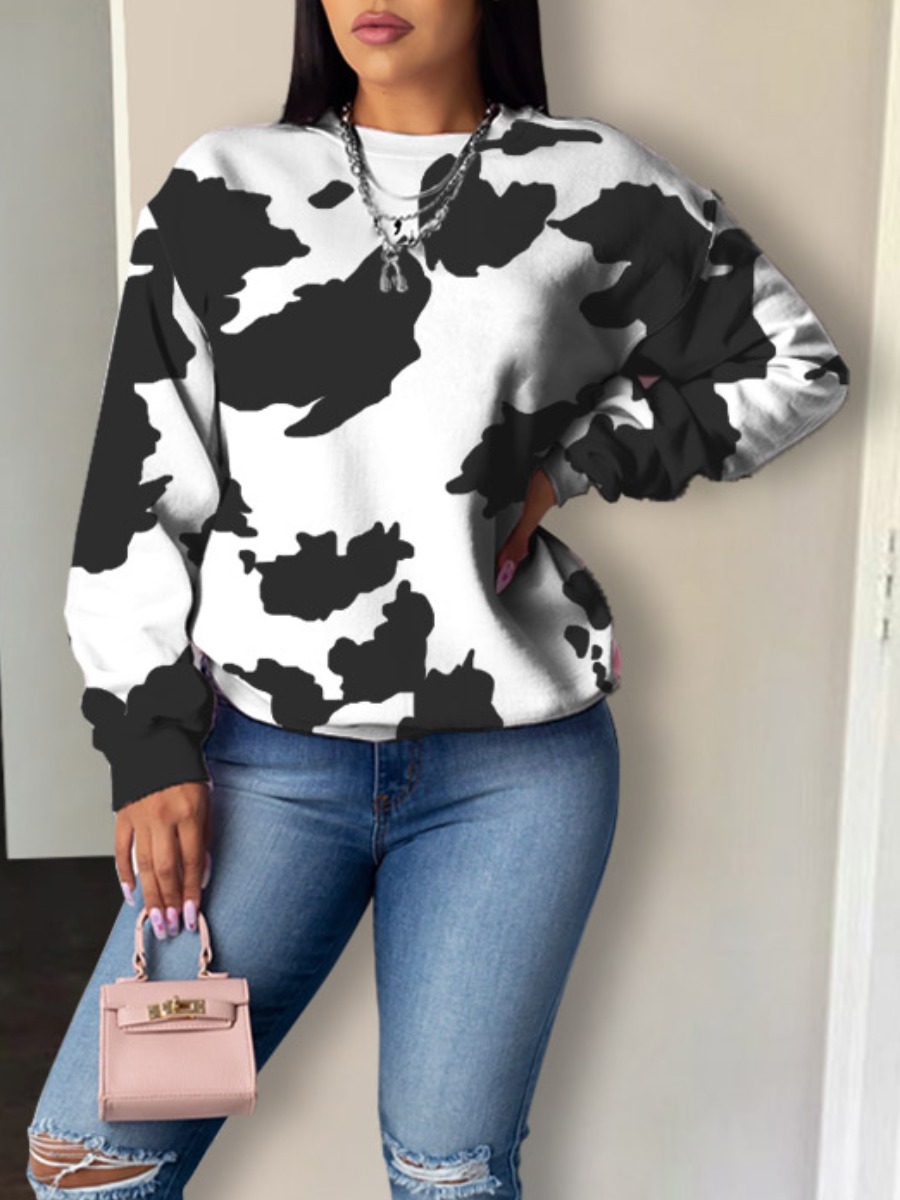 

LW Round Neck Cow Print Sweatshirt, White