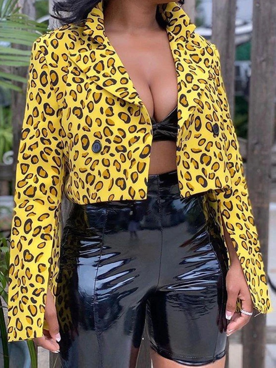 

lovely Stylish Turndown Collar Print Lemon Yellow Coat