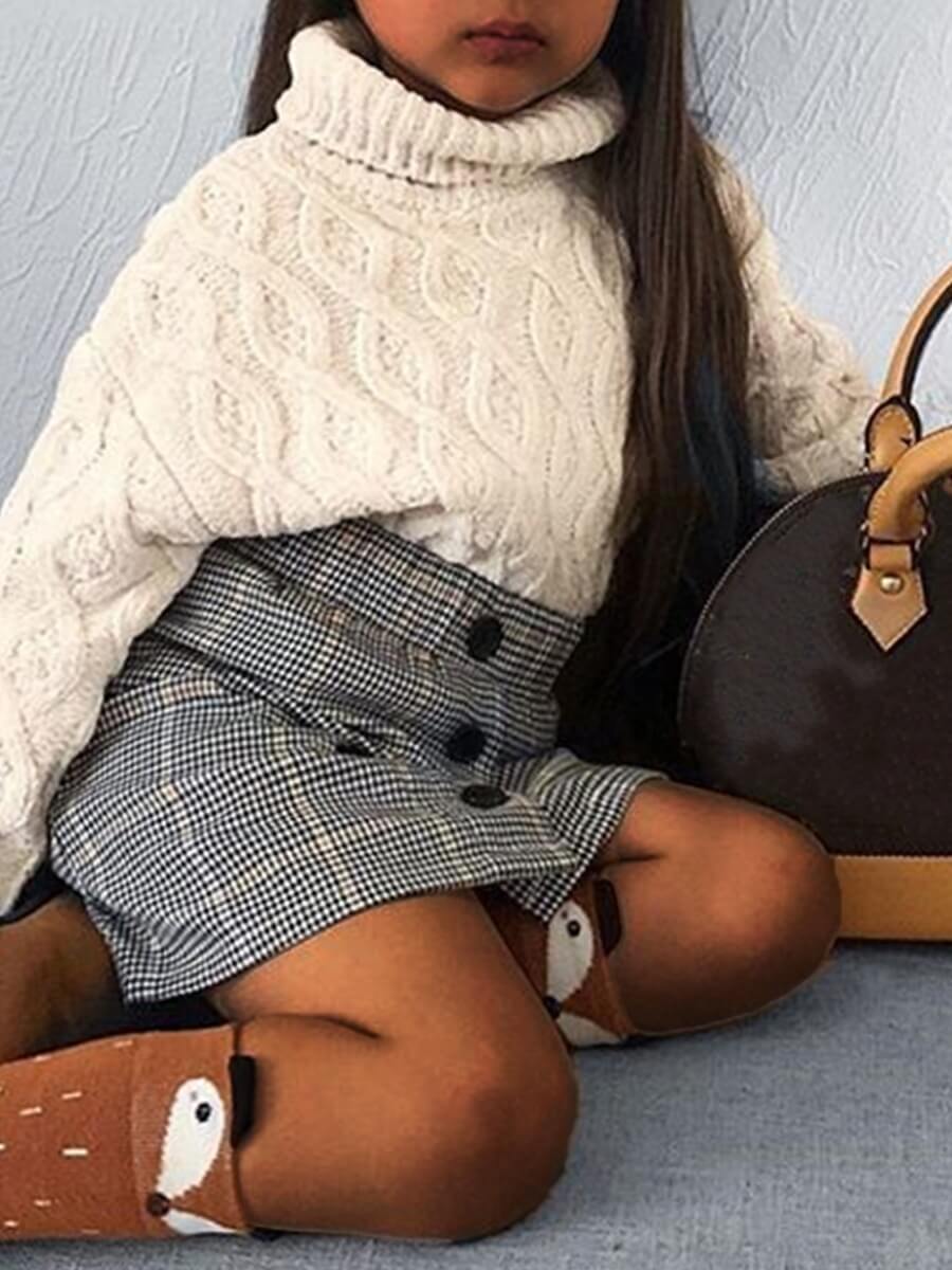 

Lovely Trendy Turtleneck Grid Print White Girl Two-piece Skirt Set