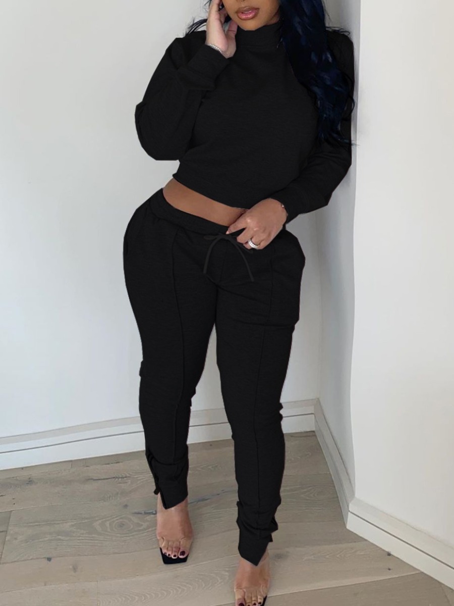 

lovely Sportswear Turtleneck Patchwork Black Two Piece Pants Set