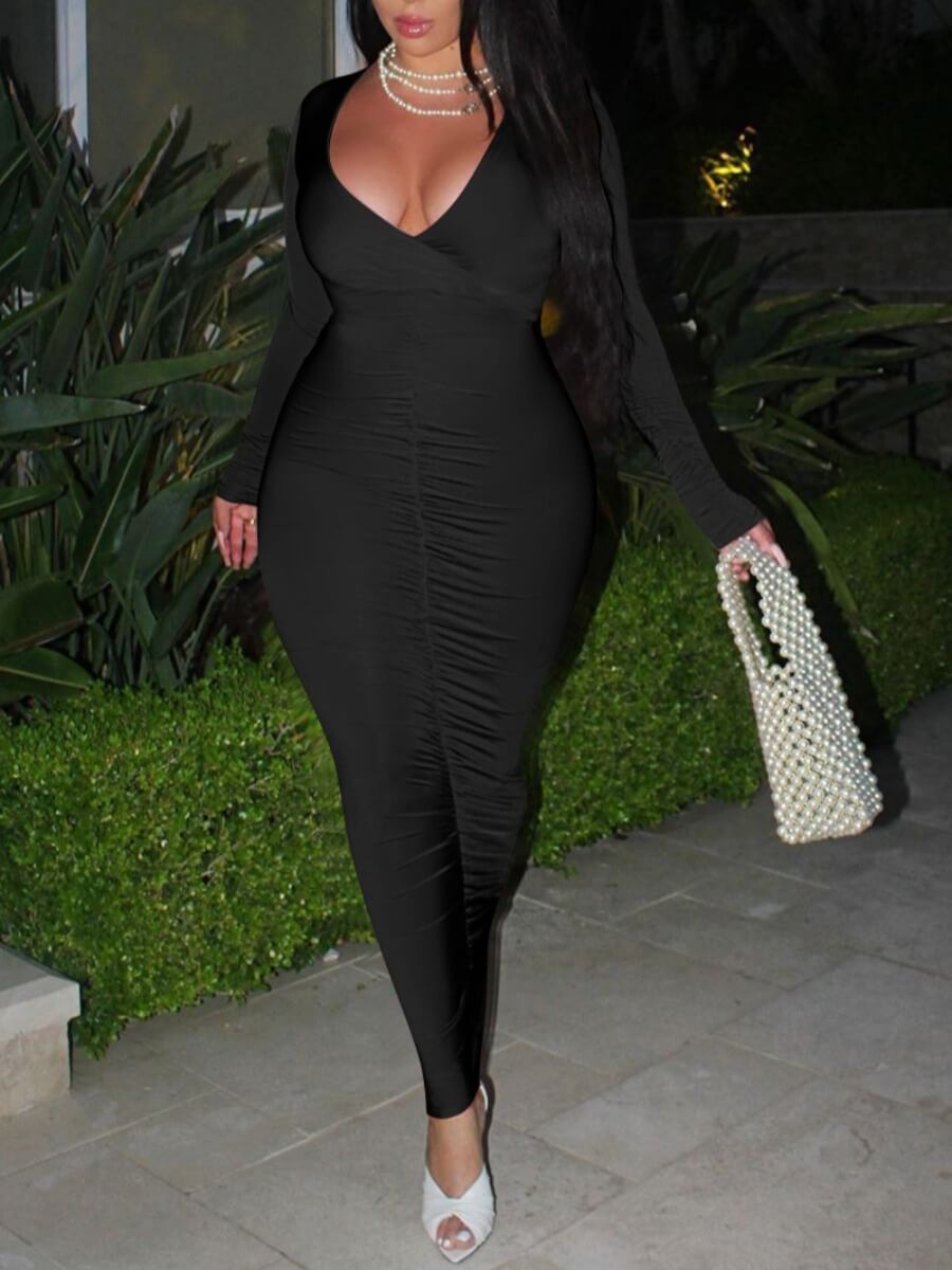 

Lovely Sexy V Neck Skinny Black Ankle Length Dress