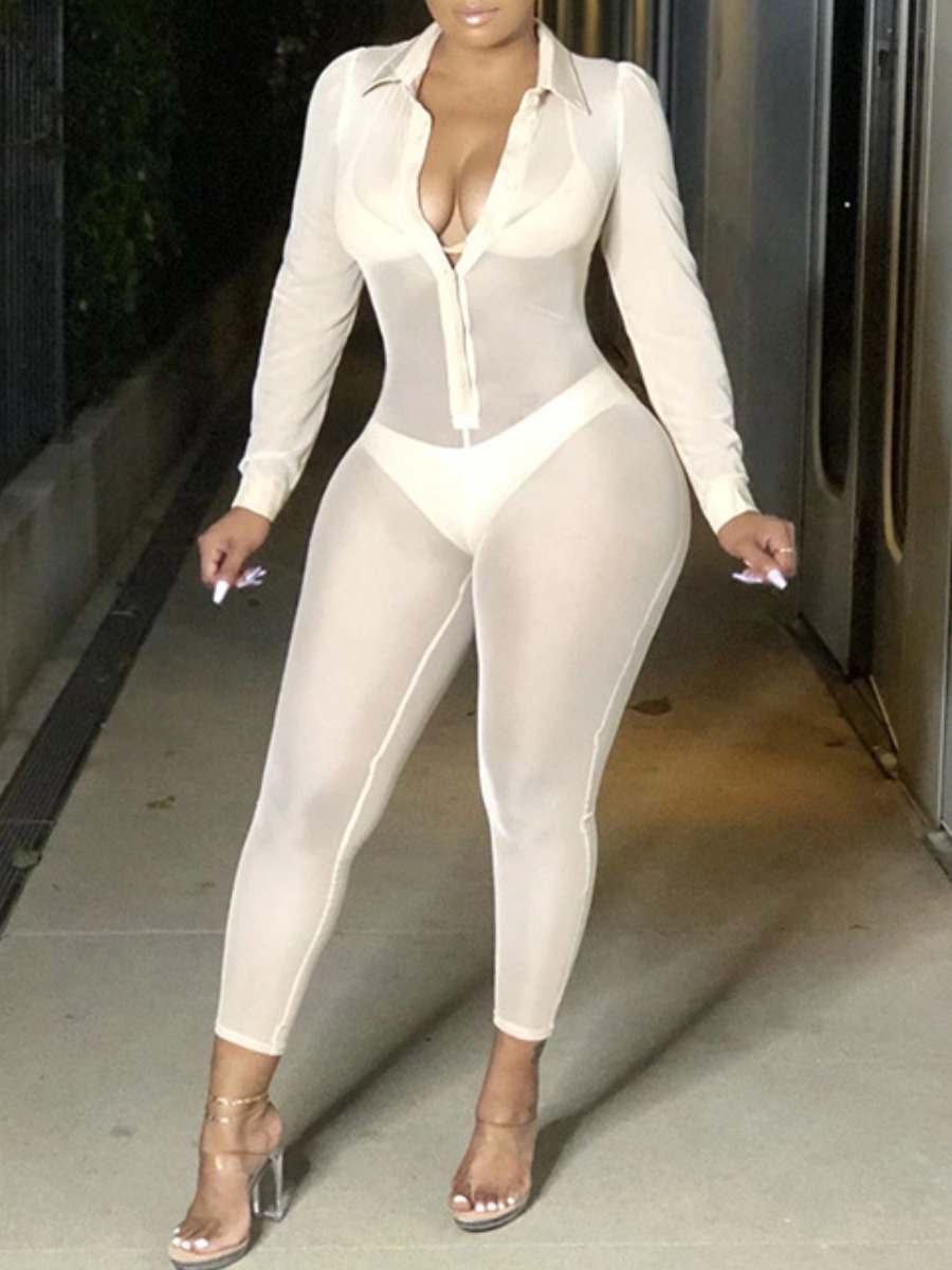 

lovely Trendy Turndown Collar See-through White One-piece Jumpsuit