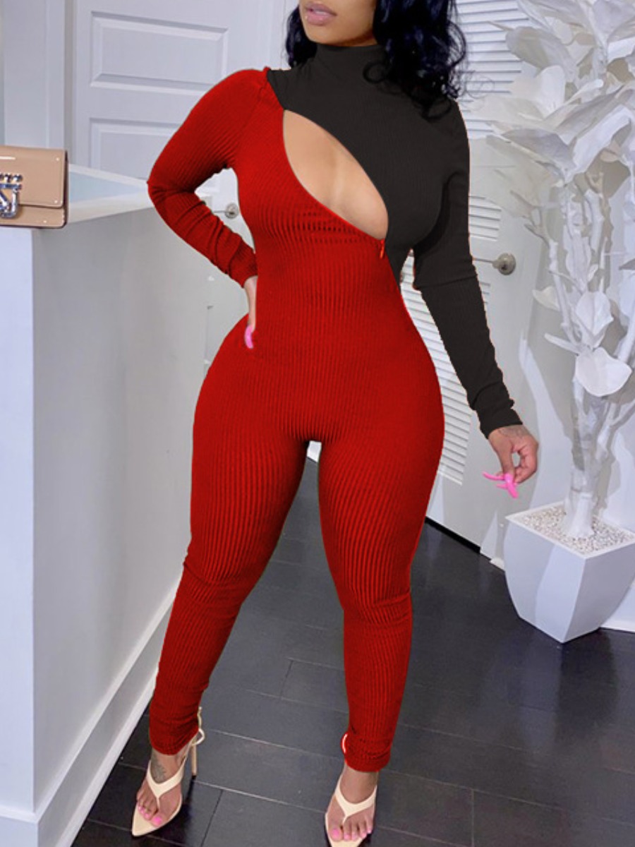

Lovely Sportswear Hollow-out Patchwork Red One-piece Jumpsuit