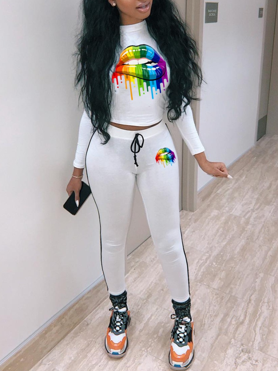 

lovely Leisure O Neck Lip Print White Two Piece Pants Set