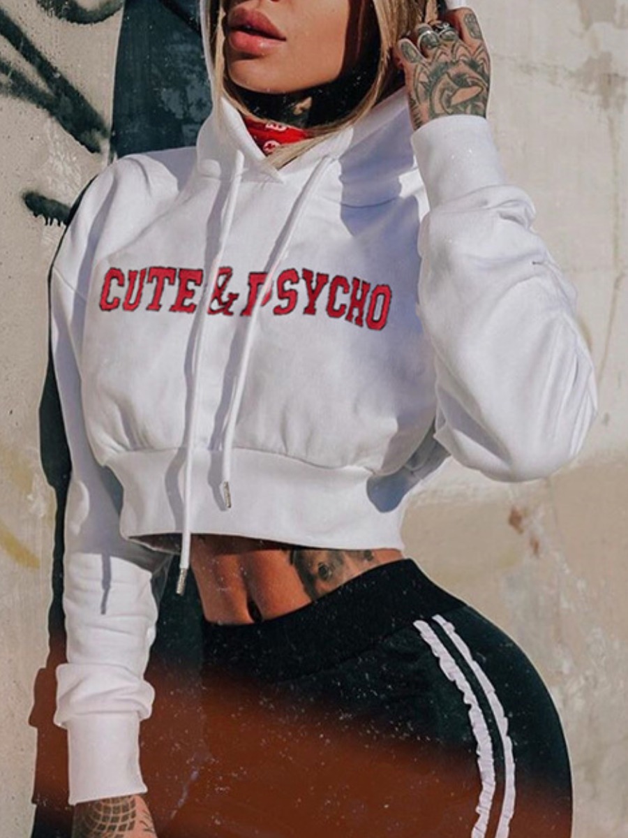 

lovely Leisure Hooded Collar Letter Print White Short Hoodie