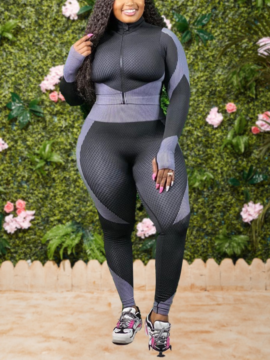 

Lovely Sportswear Zipper Design Patchwork Black Plus Size Two-piece Pants Set