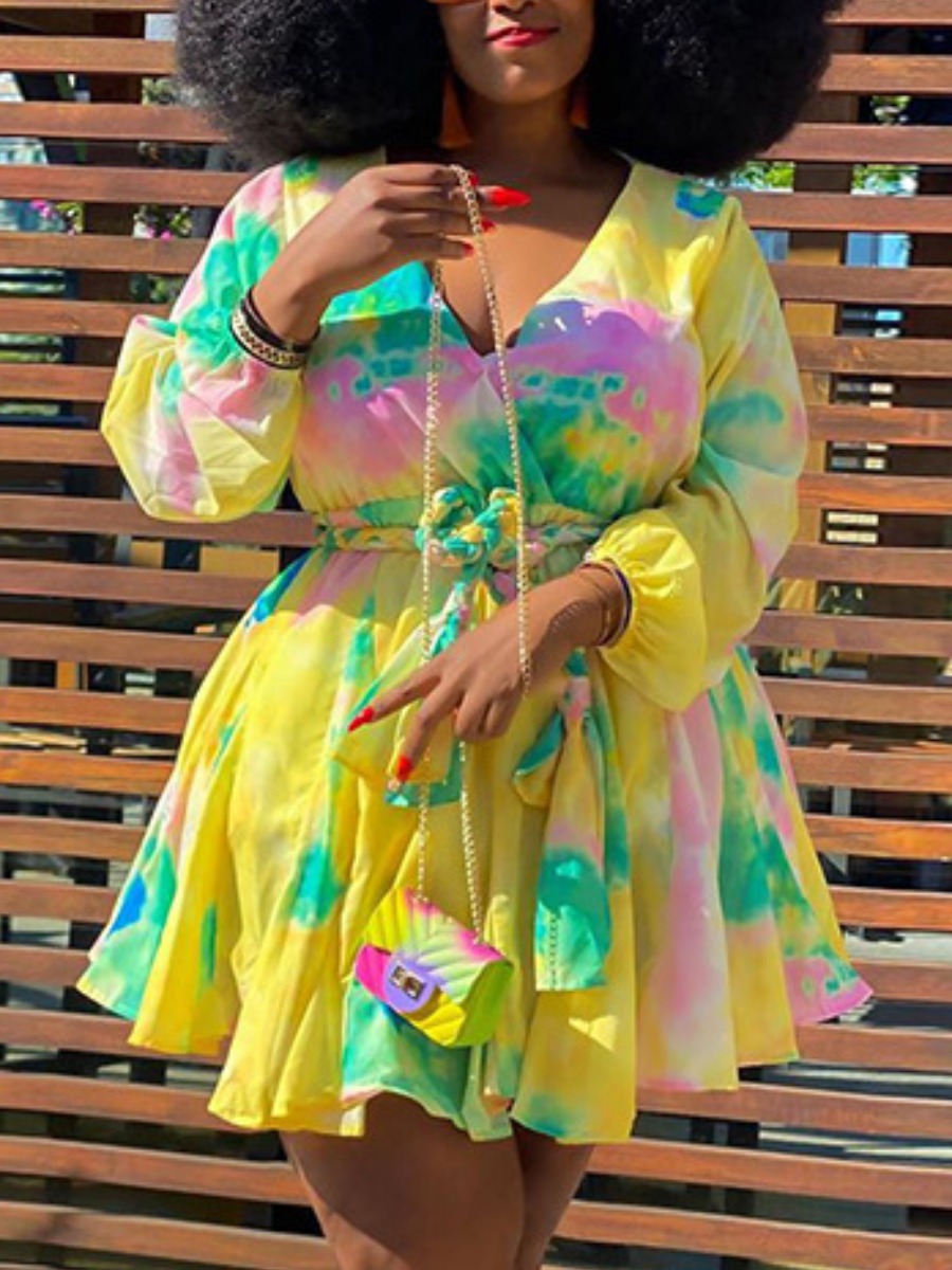 

Lovely Trendy V Neck Tie-dye Yellow Mini Plus Size Dress