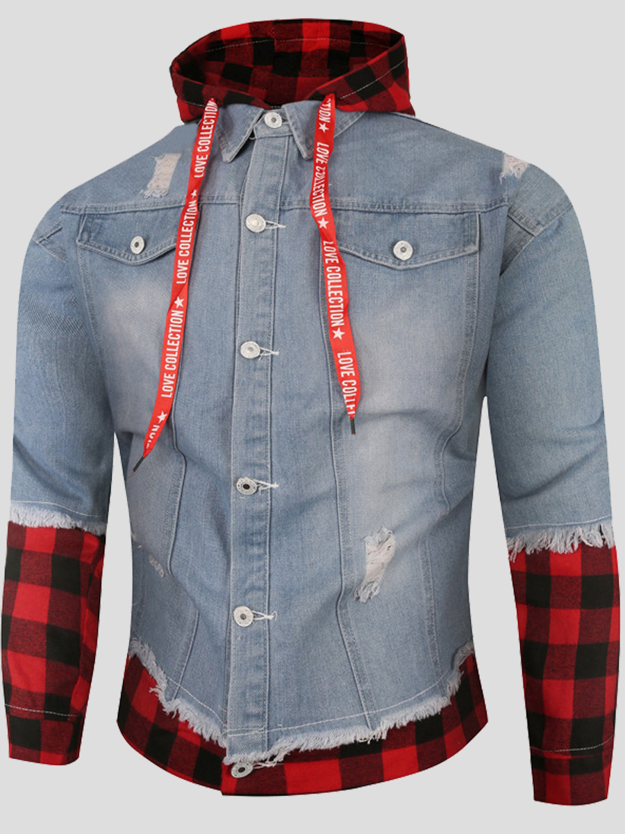 

lovely Street Heeded Collar Patchwork Baby Blue Men Denim Jacket
