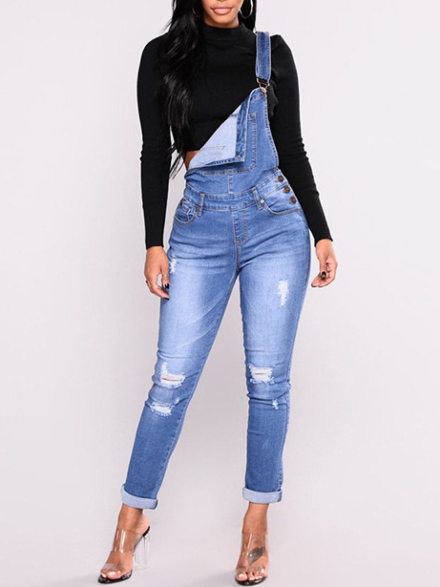 

lovely Street Broken Holes Blue Denim One-piece Jumpsuit