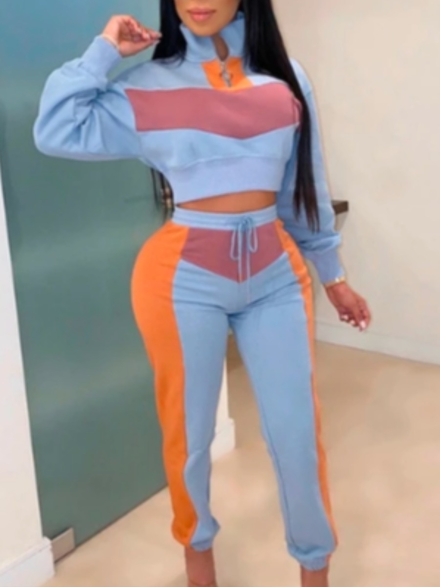 

LW Zipper Design Patchwork Cropped Tracksuit Set, Baby blue