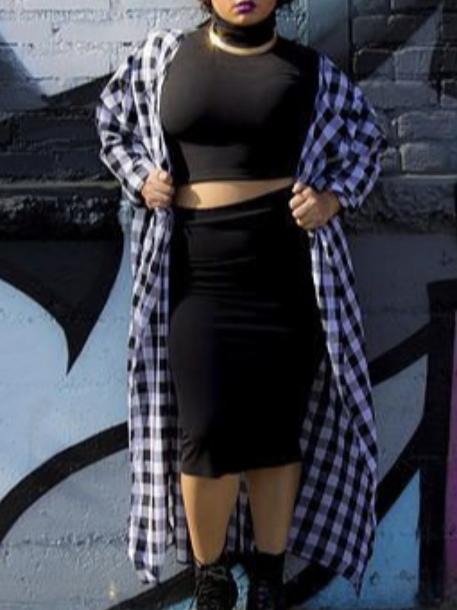

lovely Casual Grid Print Black Plus Size Coat