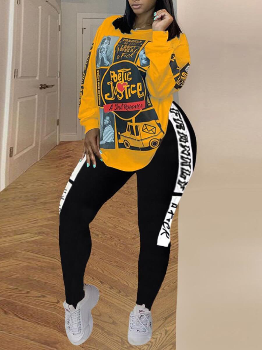 

Lovely Casual O Neck Print Yellow Plus Size Two-piece Pants Set