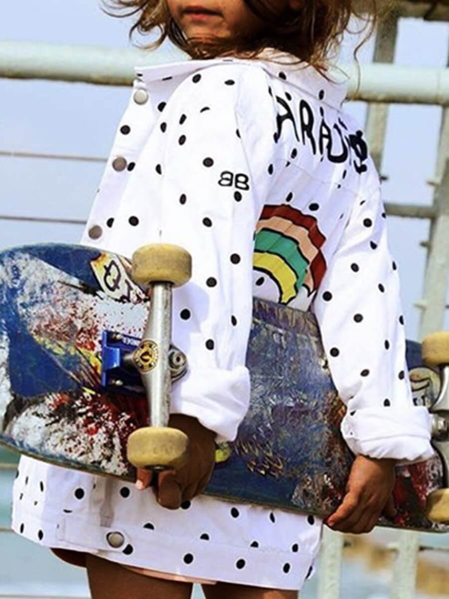 

Lovely Trendy Turndown Collar Dot Print White Girl Coat