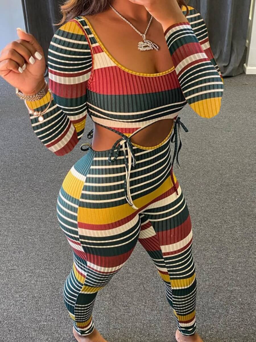 

LW Trendy U Neck Lace-up Striped Multicolor Two Piece Pants Set, Multi