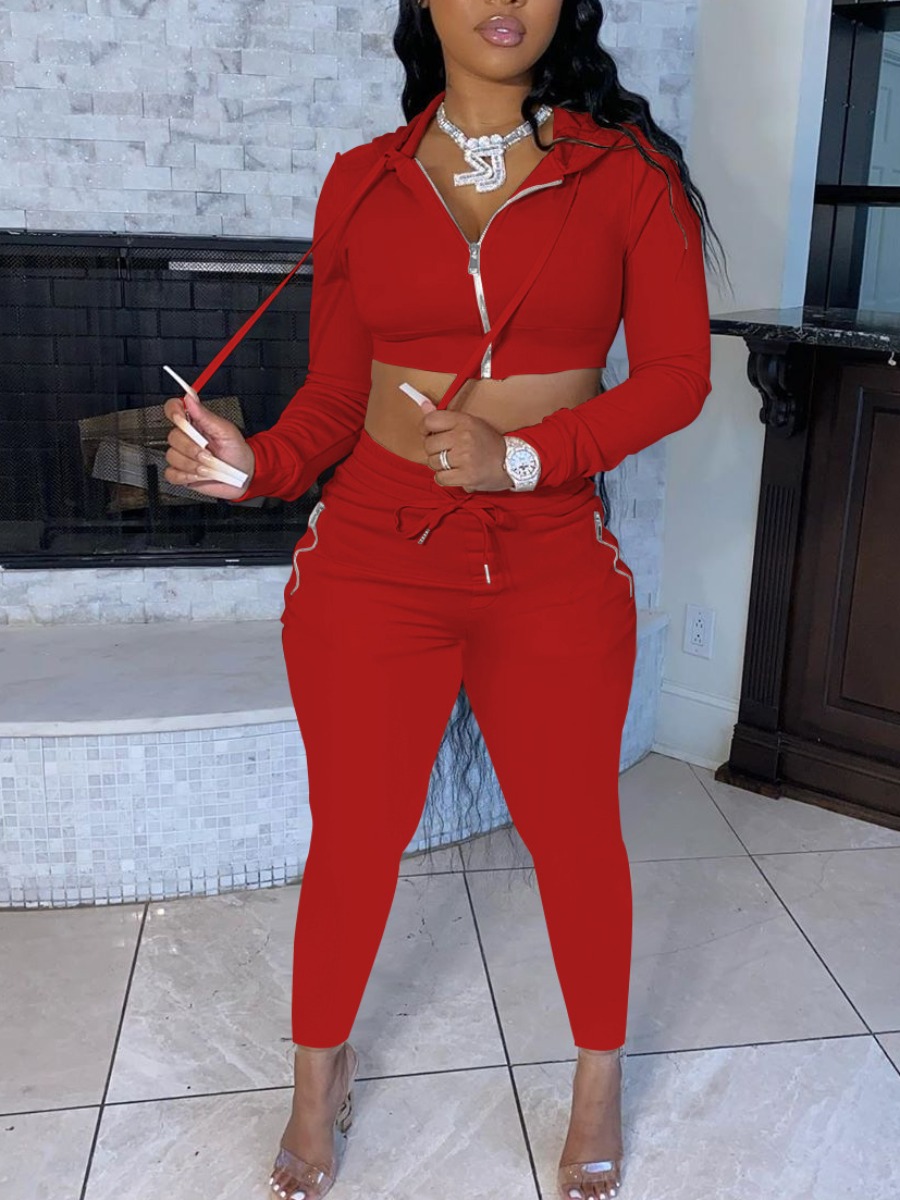 

lovely Sportswear Hooded Collar Zipper Design Red Two Piece Pants Set