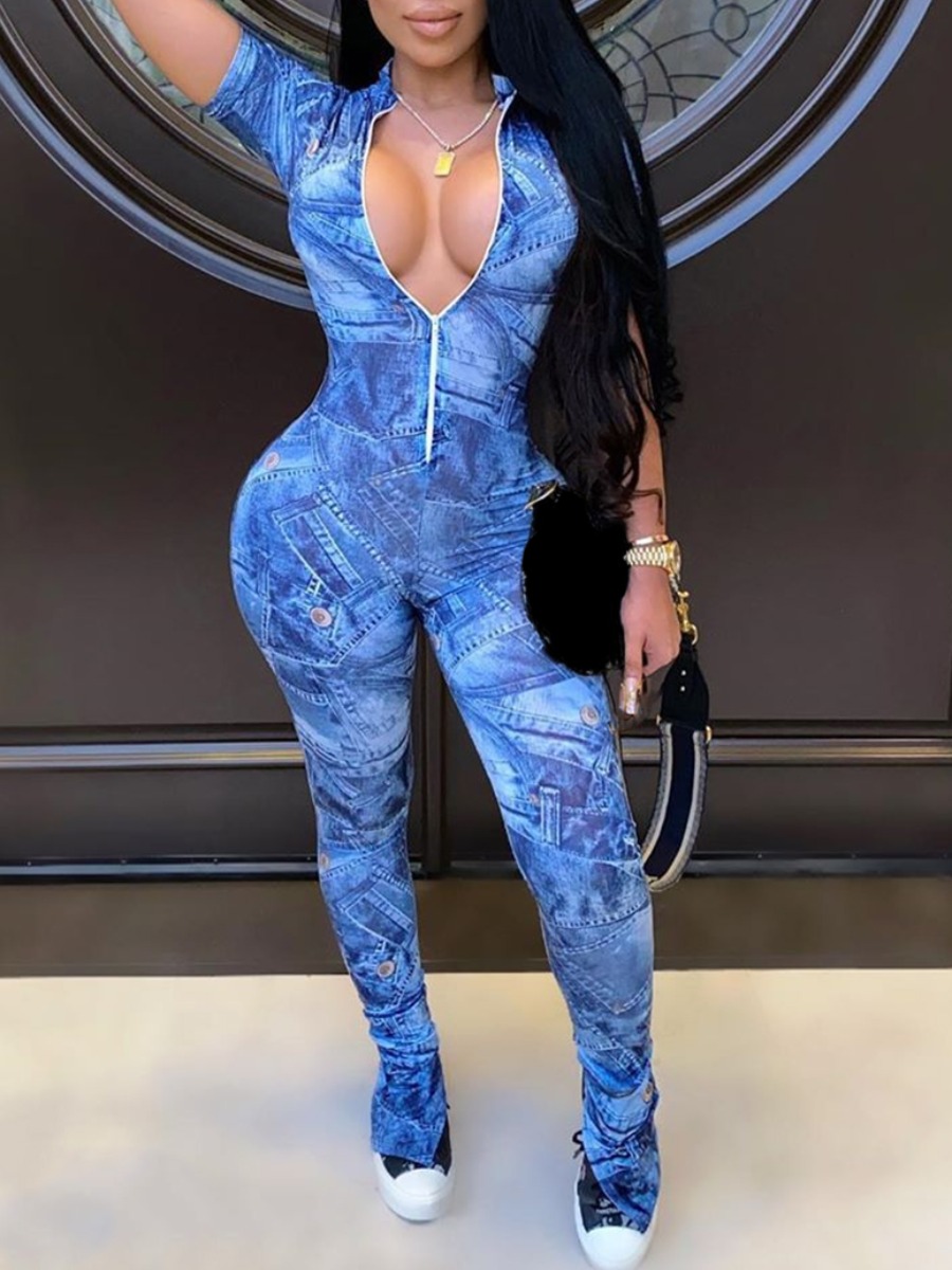 

lovely Sportswear Tie-dye Zipper Design Blue One-piece Jumpsuit