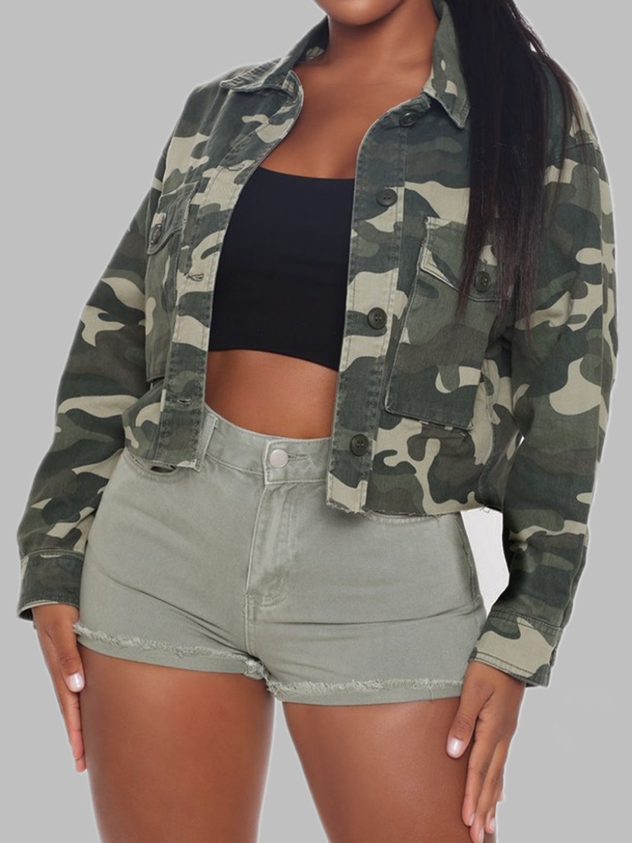 

lovely Street Turndown Collar Camo Print Army Green Jacket