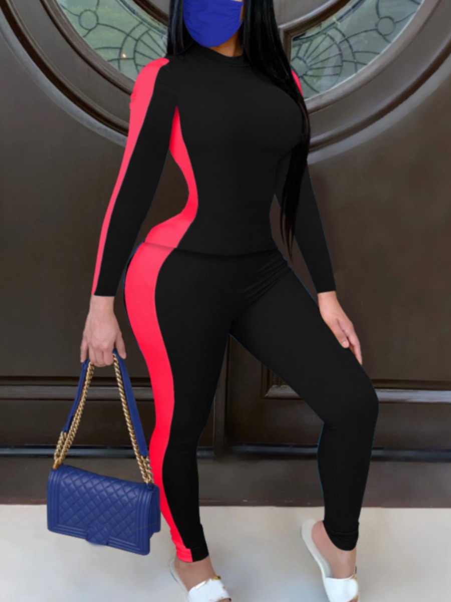 

lovely Sportswear Patchwork Skinny Black Two Piece Pants Set