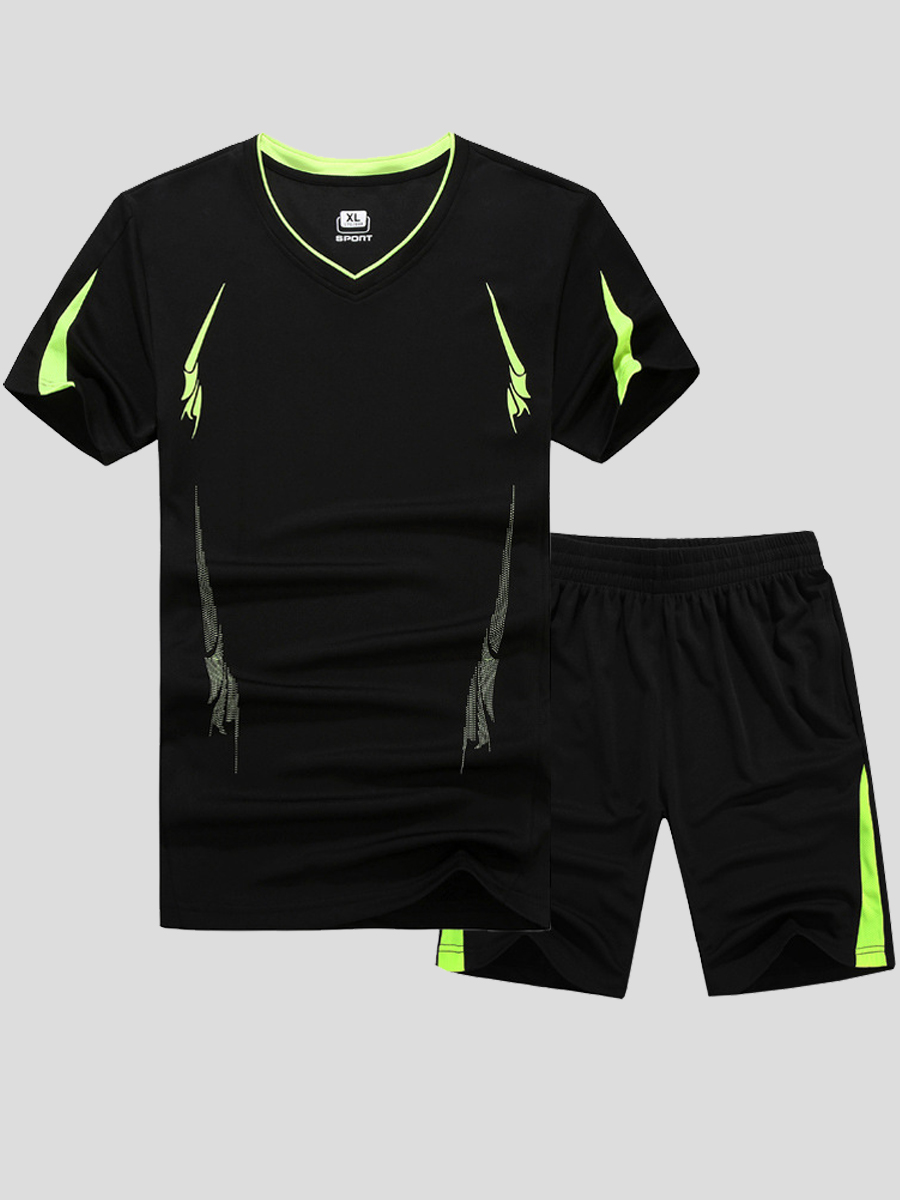 

lovely Sportswear V Neck Patchwork Black Men Two-piece Shorts Set