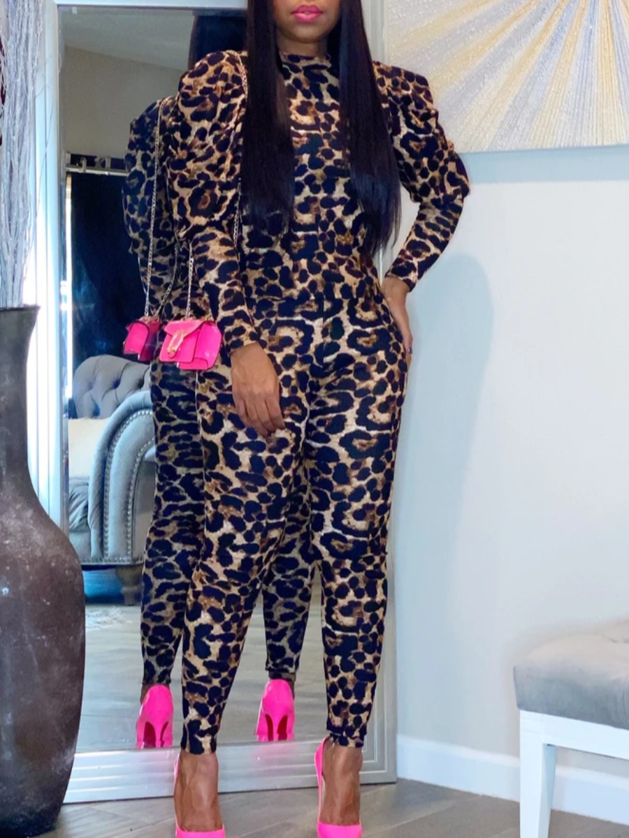 

lovely Trendy O Neck Leopard Print Two Piece Pants Set