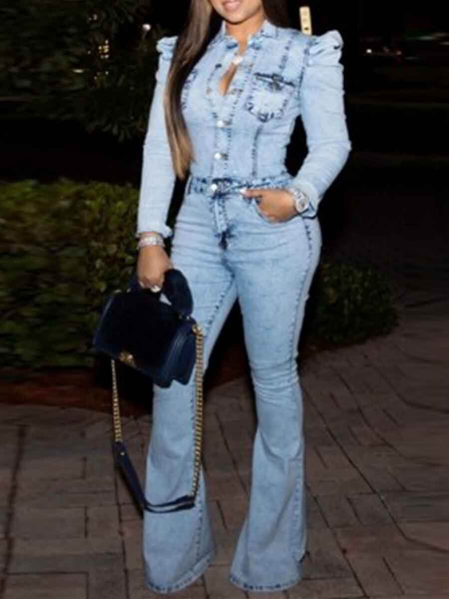 

LW BASICS Ruffle Design Flared Denim Jumpsuit, Baby blue
